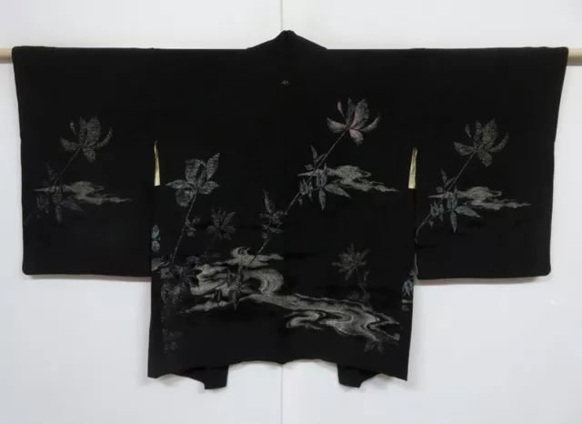 0312N07z500 Vintage Japanese Kimono Silk HAORI Black Flower
