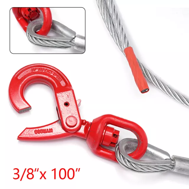 3/8''*100" Wire Rope Winch Cable Steel Core with Self Locking Swivel Hook USA