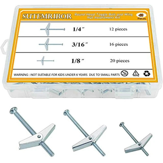 1/8 Inch, 3/16 1/4 Toggle Bolt And Wing Nut For Hanging Heavy Items On Drywall,