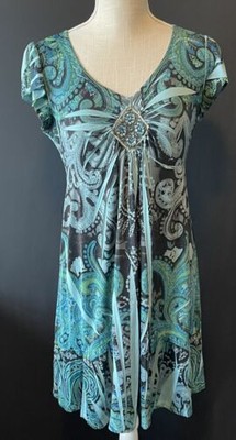 Apt 9 Women's Size Petite Medium V-Neck Short Sleeve Dress Green Paisley