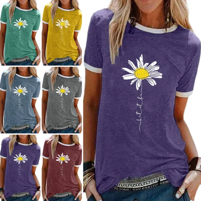 Womens Daisy Printed Crew Neck Tops Casual Short Sleeve T-Shirt Loose Blouse Tee