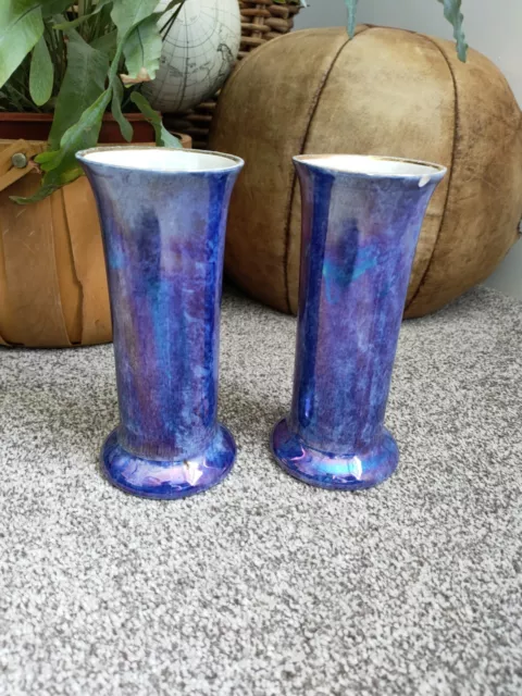 Fab pair 1930s Art Deco Leighton Burslem Pottery Marbled blue Pillar Lustre Vase