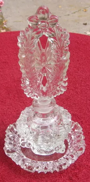 Vintage Cut Crystal Flower Perfume Bottle with Stand & Tall Floral Stopper ~y