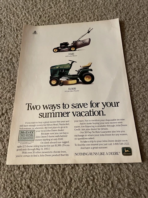 Vintage 1993 JOHN DEERE 14-PZ LAWN MOWER & STX-38 LAWN TRACTOR PRINT AD 1990s