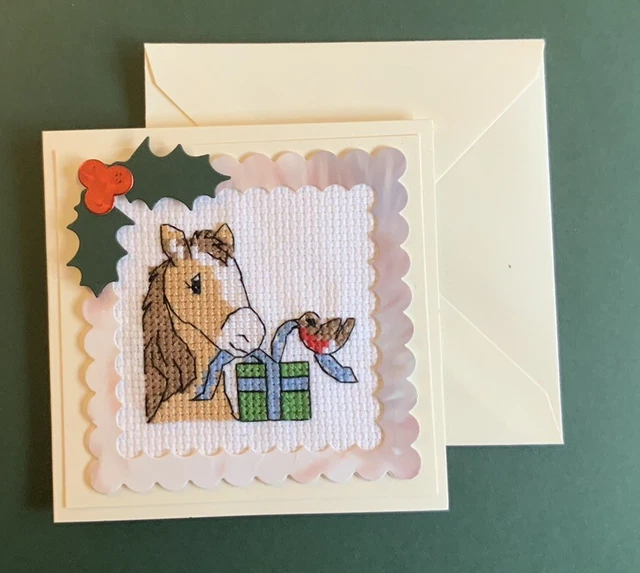Hochwertige handgefertigte Pferdepony Kreuzstich Weihnachtskarte