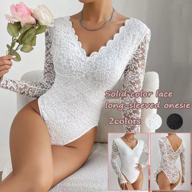 Body Da Donna A Maniche Lunghe In Pizzo Floreale Elegante E Semplice Con ^