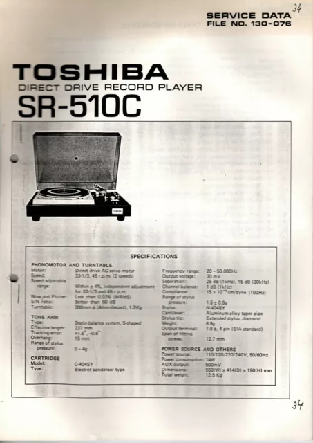 TOSHIBA Plattenspieler SR 510 C Service Manual