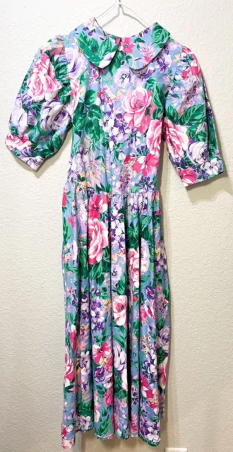 Vintage Storybook Heirlooms Floral Dress Girls Size 14 Puff Sleeves Modest