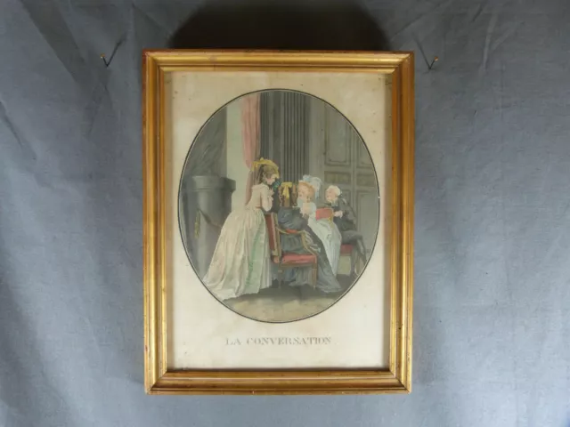 Lithographie Gravure en couleur scène de genre "La conversation" 19e siècle