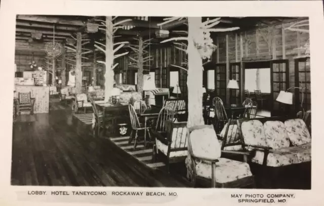 RPPC HOTEL TANEYCOMO Rockaway Beach, MO Lobby Interior ca 1940s Vintage Postcard