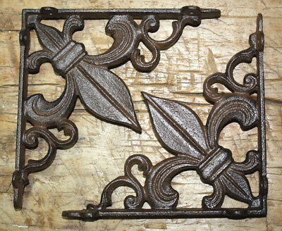2 Cast Iron Antique Style Fleur De Lis Brackets, Garden Braces Shelf Bracket #2