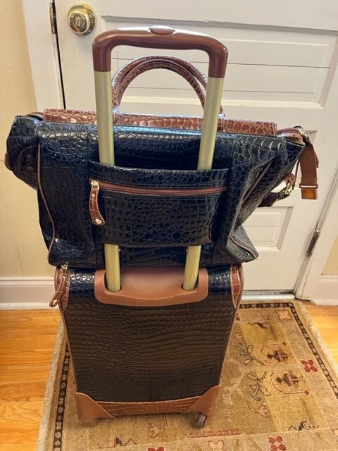 Samantha Brown  Black Camel Dowel Bag Carry on Croco Embossed 3