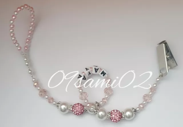 Personalised Baby Girls❤ Bling Dummy Clip, Pearl & Crystal ❤romany❤