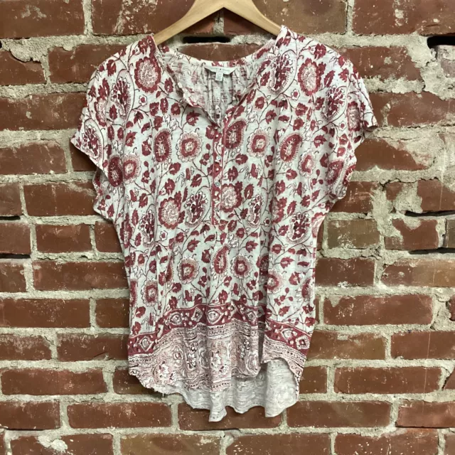 Lucky Brand Red Floral Hi Low Short Sleeve Blouse Womens Size Large L