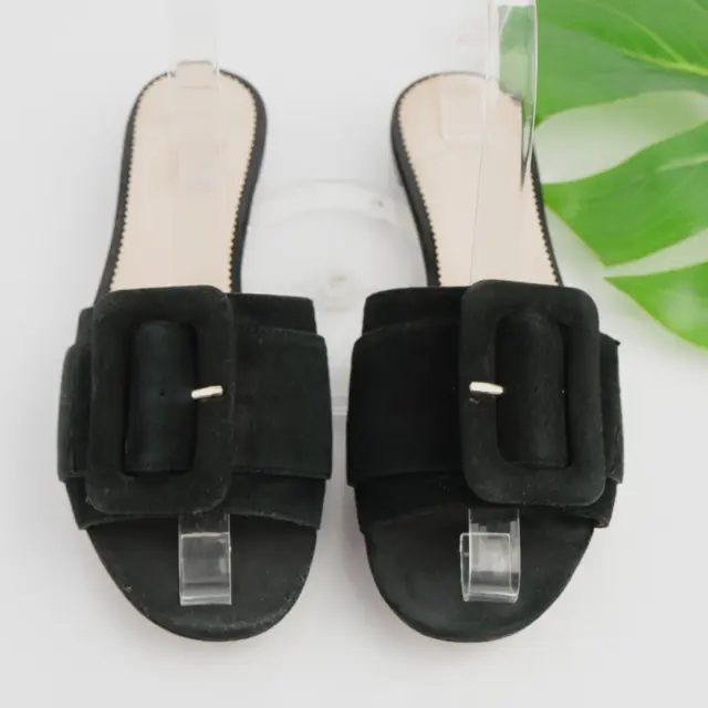 J Crew Women's Cora Sandal Size 7 Slide Oversized Buckle Black Suede Flat Shoe