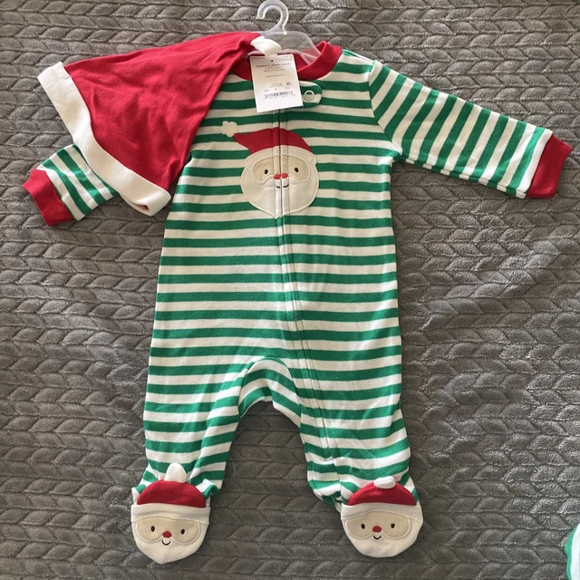 Carters Infant NB Green & White Striped Santa Outfit Christmas Long Sleeve W/hat