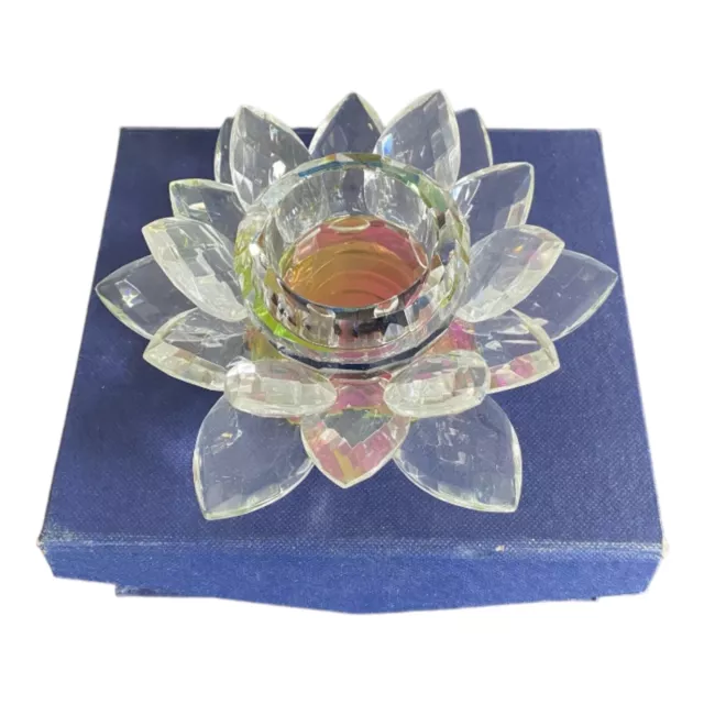 Crystal Glass Lotus Flower T Light Candle Holder Iridescent