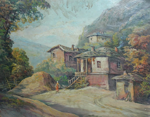Antique oil painting old town in the mountain with woman figure landscape