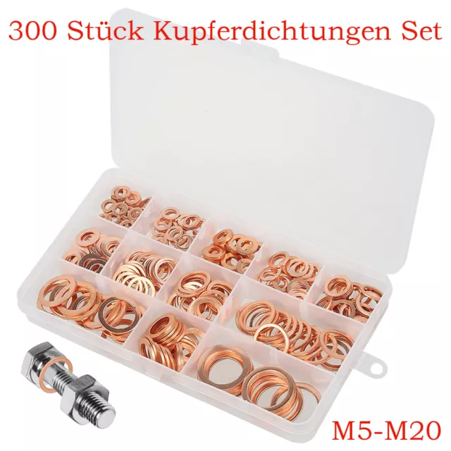 300-Kupferringe Dichtring Sortiment Set Kupfer Dichtungen Ölablaßschrauben  Box#