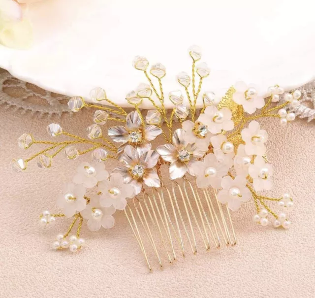 Bridal Wedding Hair Comb Flower Rose Gold Sparky Crystal Bride Pearl Leaf Side