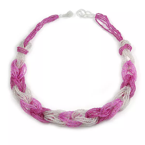 Pink/ Transparent Braided Glass Bead Necklace/ 52cm Long