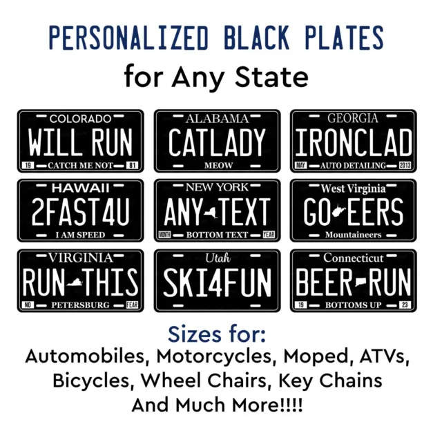 Personalize Custom Black License Plate Tag for Any State Auto Car ATV Bicycle