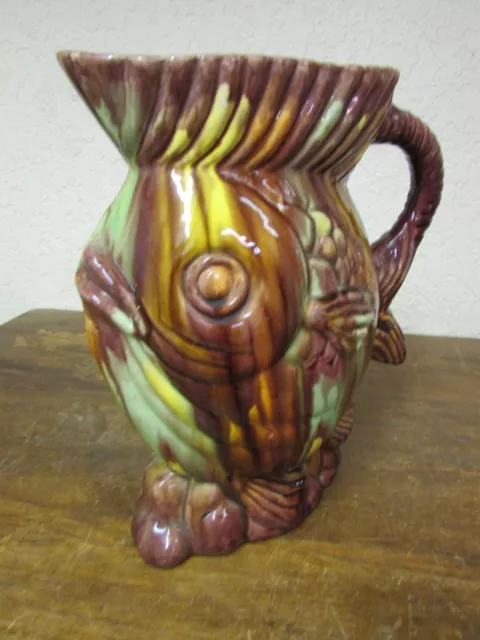 Antique Dripware Pitcher-Vintage-Primitive-Kitchen-Mexican Folk Art-Pottery-Fish