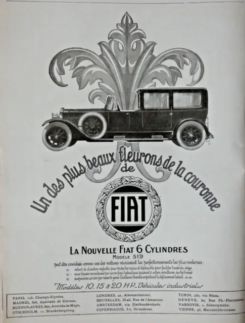 1925 Fiat 6 CYLINDER CROWN FLOWERS PRESS ADVERTISEMENT