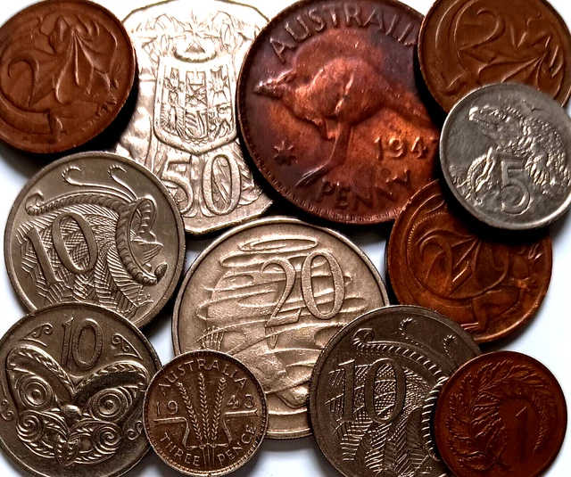 Australia & New Zealand 12 Coin Lot 1943 Silver 3 pence, Penny + 1981 50 Cents +