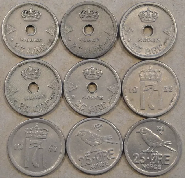 Norway 25 Ore 1924,27,46,47,49,52,57,58,+61 Mid-Better Circ. Grades as pictured