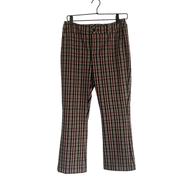 Cabi Women's Jazzy Kick Flare Pants Size 4 Brown Plaid Cropped Pockets Stretch