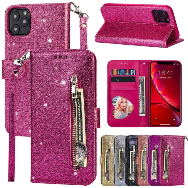 Case For iPhone 11 12 13 14 Pro Max Zipper Bling Glitter Wallet Stand Card Cover