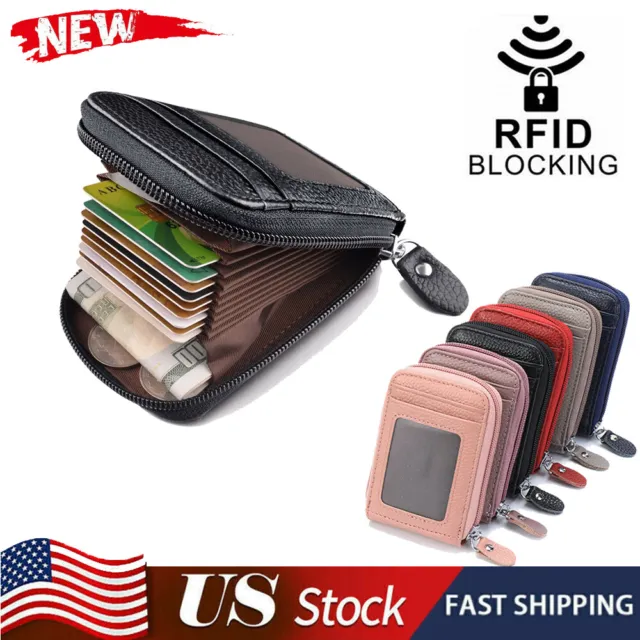 Genuine Leather Men Wallet Credit Card Holder RFID Blocking Zipper Pocket Thin