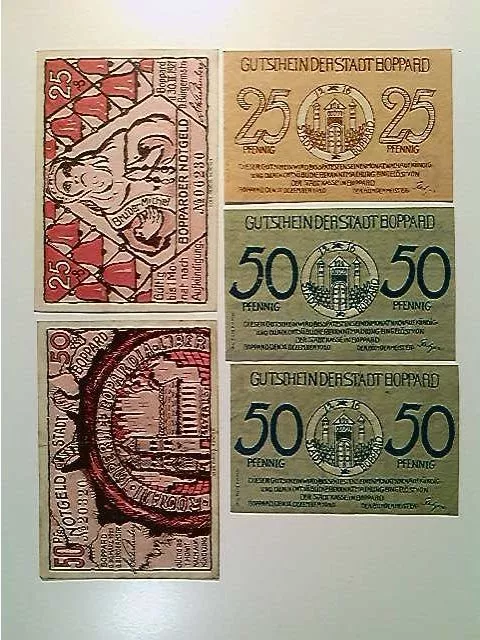 Notgeld, Stadt Boppard, 2x 25 und 3x 50 Pfennig, 1921