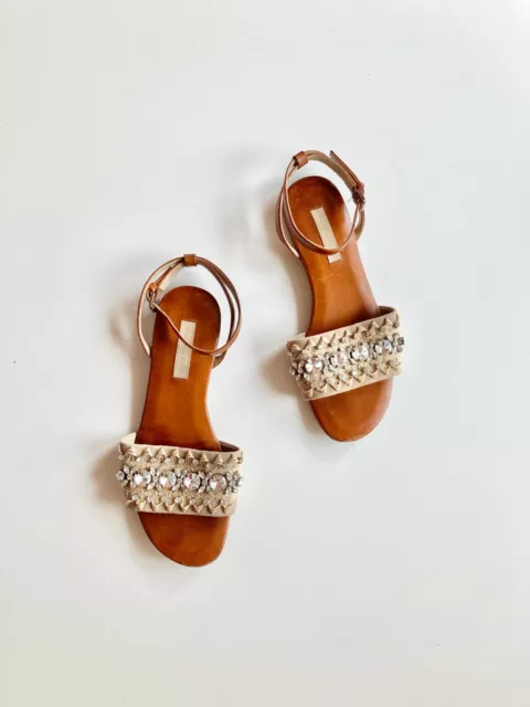 MICHAEL KORS COLLECTION Brown Leather Crystal Embellished Sandals, Size 36.5