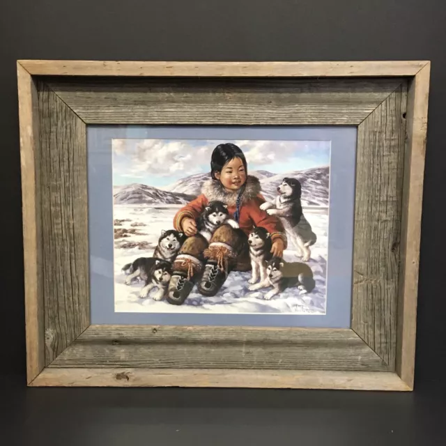 Nori Peter 6 Malamute Puppies Signed Print Native Inuit of Canada Eskimo Framed