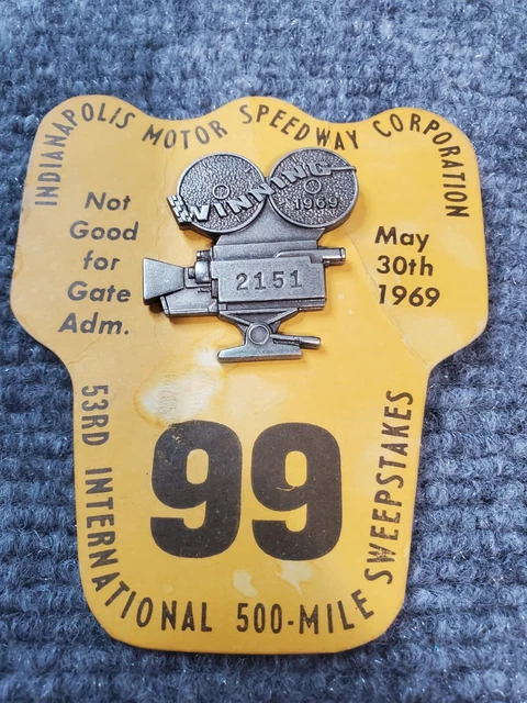 1969 Indy 500 SILVER #2161 Pit Pass Pin Badge - Mario Andretti Wins On Card Rare