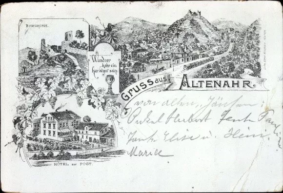 Litho Altenahr im Ahrtal, Gesamtansicht, Burgruine, Hotel zur Post - 10540066