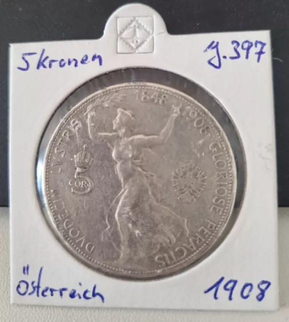 ÖSTERREICH 5 Corona (Kronen) Franz Joseph I. Ag Silber 0.9, 1908, Jäger 397, 24g
