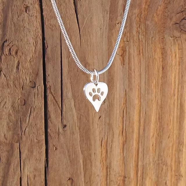 Sterling Silver Tiny Dog Cat Paw Print Heart Charm Pendant Necklace Gift Boxed