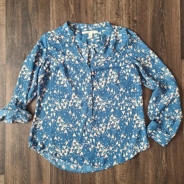 LC Lauren Conrad Blouse Womens Size M Blue Floral Pink Tulip Shirt Half Button