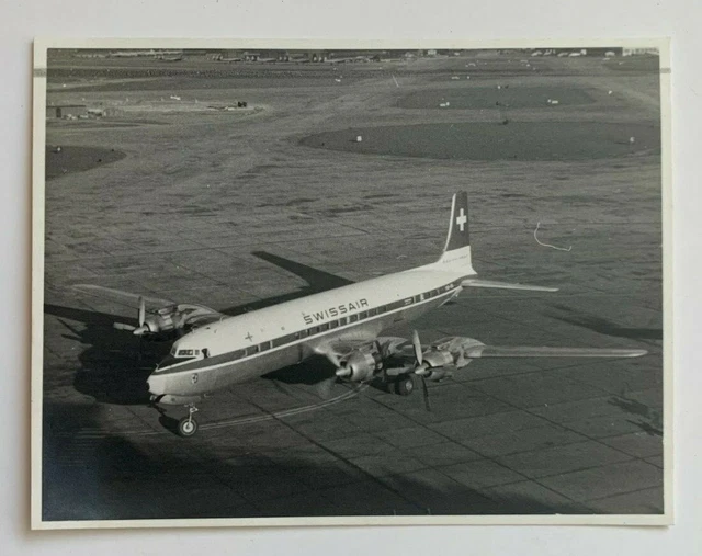 Vintage 1959 3x4 B&W Photo London England Airport Swissair airliner DC7 airplane
