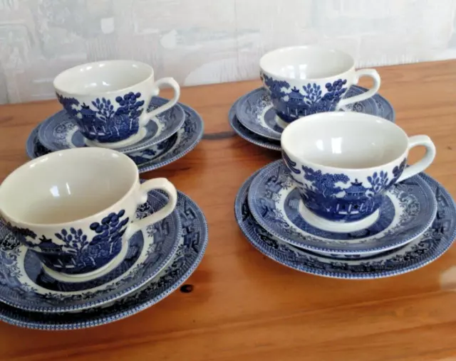 SET OF 4 CHURCHILL BLUE WILLOW  TEA CUPS, SAUCERS AND SIDE PLATES Never Used