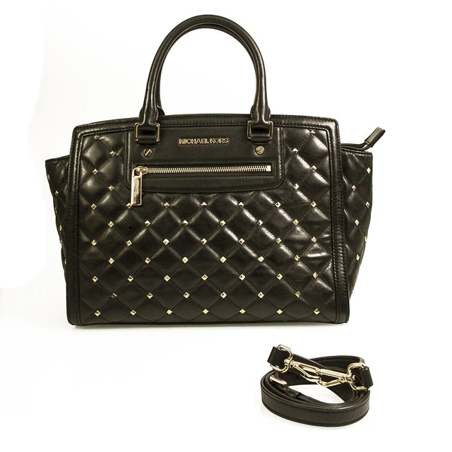 Michael Kors Noir Matelassé Cuir Ton Doré Clouté Fourre-Tout Sac à Main Épaule