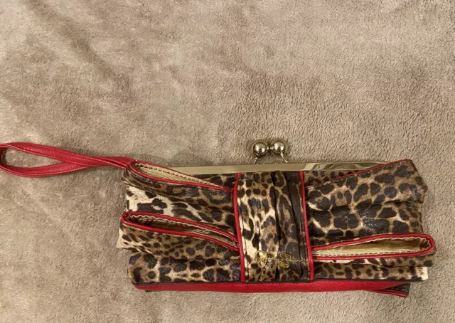 Jessica Simpson Leopard  Red Vegan Bow Clutch Wristlet Detachable Wallet Key