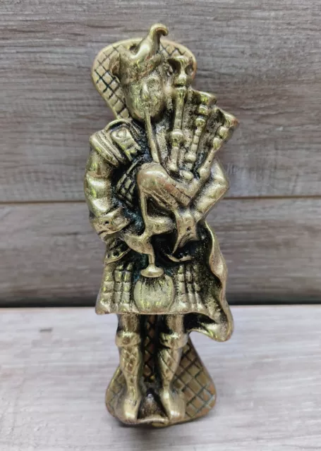 Vintage Solid Brass Door Knocker Scottish Bagpipe Player with Strike Plate RARE