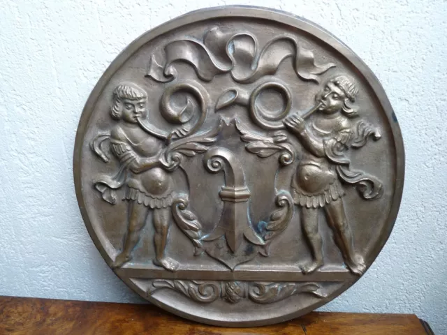 Superbe rare ancien grand médaillon blason en relief en BRONZE 26,5 cm