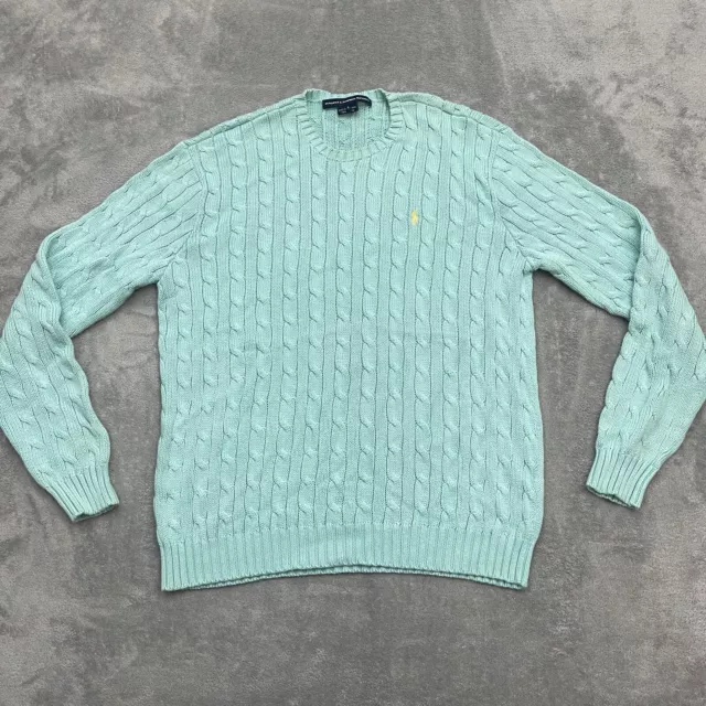 Ralph Lauren Sport Sweater Womens L Aqua Blue Cable Knit Yellow Pony Vintage