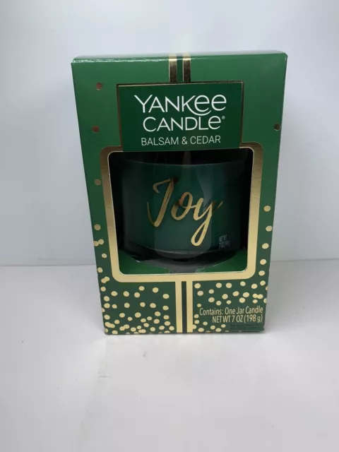 Yankee Candle Balsam & Cedar 7oz Glass Jar Green & Gold "Joy", Candle Holiday