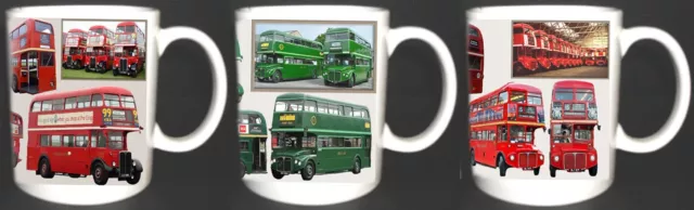 London Transport Bus Set Of 3 Mugs Aec Routemaster, Rt Regent Red Bus Green Line